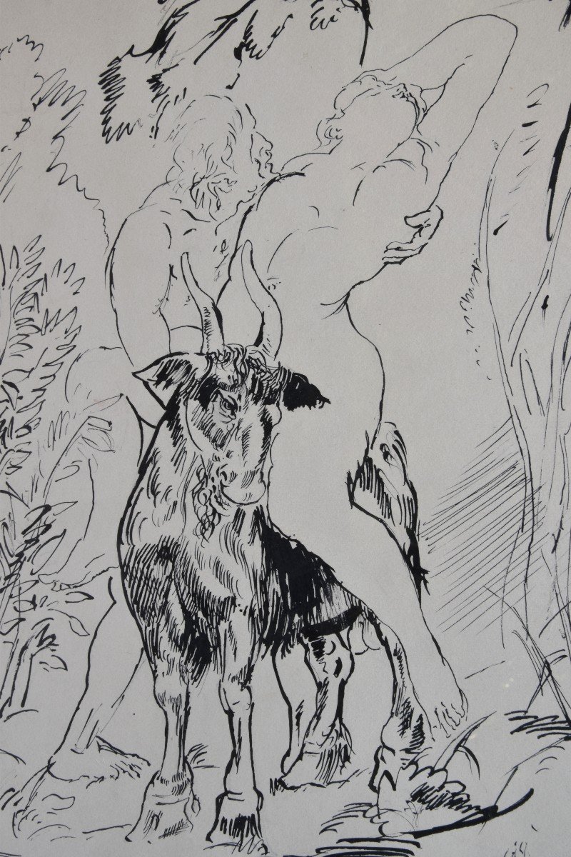 Maurice MAZO "Scène mythologique" 1955 dessin encre de chine 34x30-photo-1